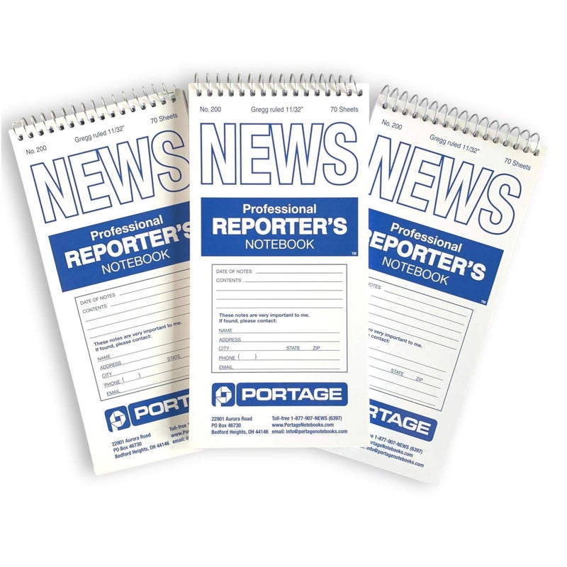 Portage Reporters Notebook â€“ Top Bound Spiral Pocket Notepad, Steno Note Book, Perfect for Reporters & Journalists Taking Notes in the Field, Gregg Ruled 11/32" â€“ 4 x 8 In, 70 Sheets,140 Pg, (3 Pack) - Image 1